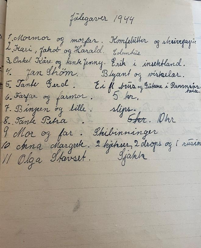 Jons julegaver i 1944. Fra søster Anna fikk han 2 kjeks, 2 drops og 1 rosin